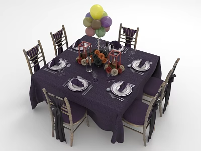 Elegant Dining Table Set With Purple Tablecloth Chairs Ribbon Decorations Tableware Vases And Balloons 3d model