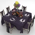 Elegant Dining Table Set With Purple Tablecloth Chairs Ribbon Decorations Tableware Vases And Balloons