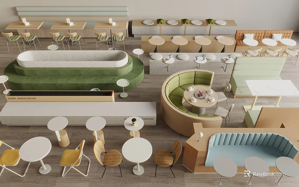 Modern Café Interior With Curved Seating Round Square Tables And Colorful Chairs 3d model 