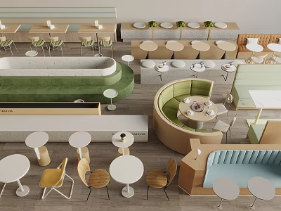 Modern Café Interior With Curved Seating Round Square Tables And Colorful Chairs 3d model