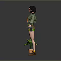 Game and Movie Female Character in Green Jacket with Striped Shorts Potted Plant and Gun