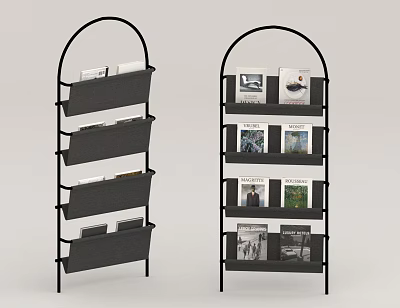 Two Black Arched Multi Tiered Bookshelves With Organized Magazines And Books 3d model