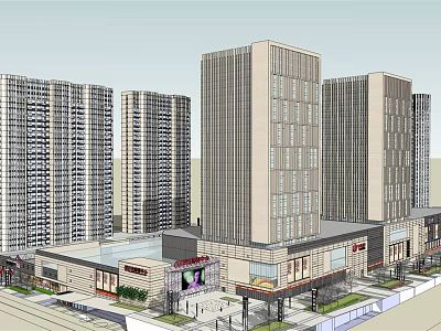 Modern Commercial Street With Tall Buildings Shops And Urban Pedestrian Area 3d model