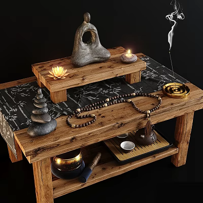 Zen Table Decor With Stacked Stones Lit Candles Stone Carving Patterned Cloth And Teapot 3d model