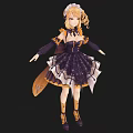 Woman With Blonde Hair Wearing Purple And Black Dress With Lace Skirt And Yellow Accents