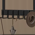 Wall Mounted Hook Rack With Brown Hat And Folded Umbrella On Wooden Wall 3d model