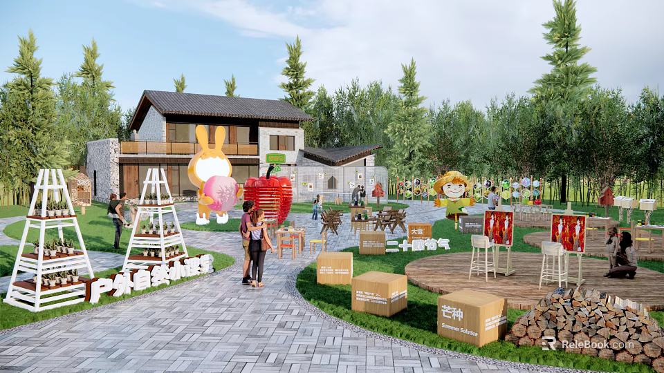 Park Landscape With Wooden Cottage Rabbit Apple Decorations Green Trees Benches And Visitors Walking 3d model 