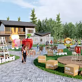 Park Landscape With Wooden Cottage Rabbit Apple Decorations Green Trees Benches And Visitors Walking