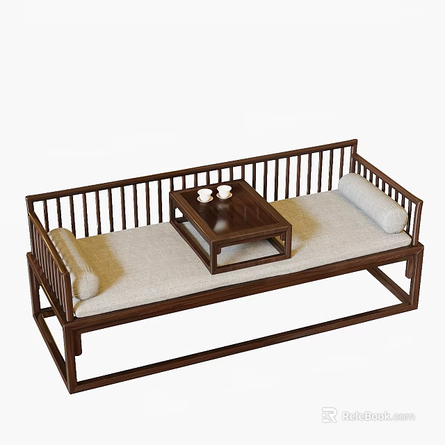 Traditional Chinese Wooden Luohan Bed Design With Mattress Small Coffee Table And Cups 3d model 