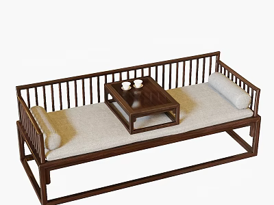 Traditional Chinese Wooden Luohan Bed Design With Mattress Small Coffee Table And Cups 3d model