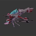 Futuristic Red Silver Blue Drone With Propellers Mechanical Arms And 001 Marking