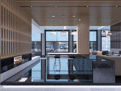 Modern Elegant Hotel Lobby With Large Windows Wooden Decor And Black Bar Counter 3d model
