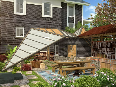 Contemporary Garden Landscape With Glass Shelter Wooden Table Stone Path And Flower Beds 3d model