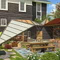 Contemporary Garden Landscape With Glass Shelter Wooden Table Stone Path And Flower Beds