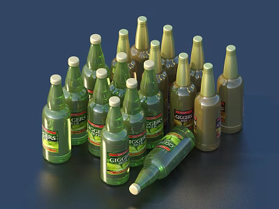 Green And Gold Wine Bottles With Glassware Arranged On Dark Background 3d model