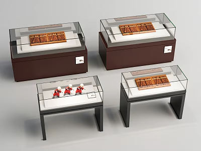 Display Cabinets With Transparent Glass Cover Black Brown Bases And Wooden Carving Figurines 3d model