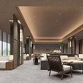 Modern Hotel Lobby Interior Design With Sofa Seating Wooden Tables And Green Plants