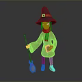 Cartoon Witch In Blue Hat Brown Robe Holding Broomstick Red Book And Scarf