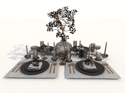 Elegant Dinnerware Set with Black Plates Gold Cutlery Glasses and Decorative Vase 3d model