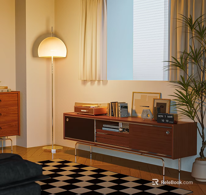 Walnut Wooden TV Stand With Vinyl Records Photo Frames And Floor Lamp Near Window 3d model 