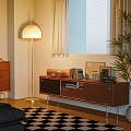 Walnut Wooden TV Stand With Vinyl Records Photo Frames And Floor Lamp Near Window