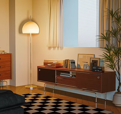 Walnut Wooden TV Stand With Vinyl Records Photo Frames And Floor Lamp Near Window 3d model