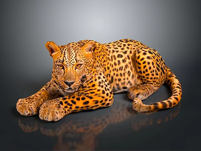 Leopard With Spotted Fur Lying on Dark Shiny Surface Showing Relaxed Posture and Reflection 3d model