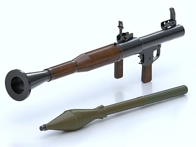 Tactical Military Rocket Launcher with Wooden Stock Metal Barrel Sighting Device and Green Rocket Projectile 3d model