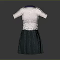 Stylish White Short Sleeve Blouse With Blue Collar Buttons And Green Pleated Skirt