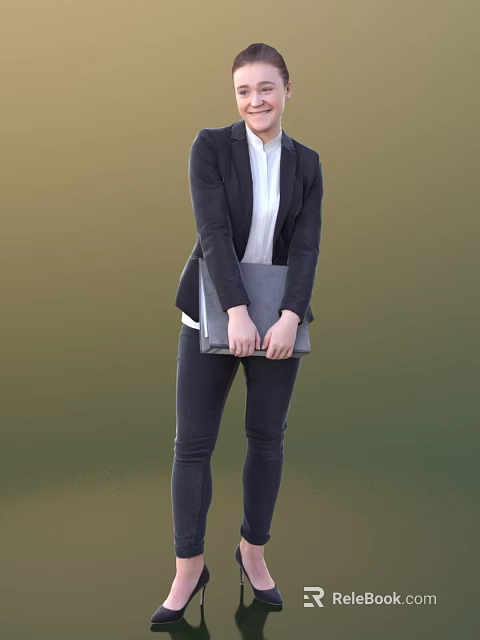 Professional Woman Wearing Black Blazer White Shirt Holding Gray Folder Standing Confidently 3d model 