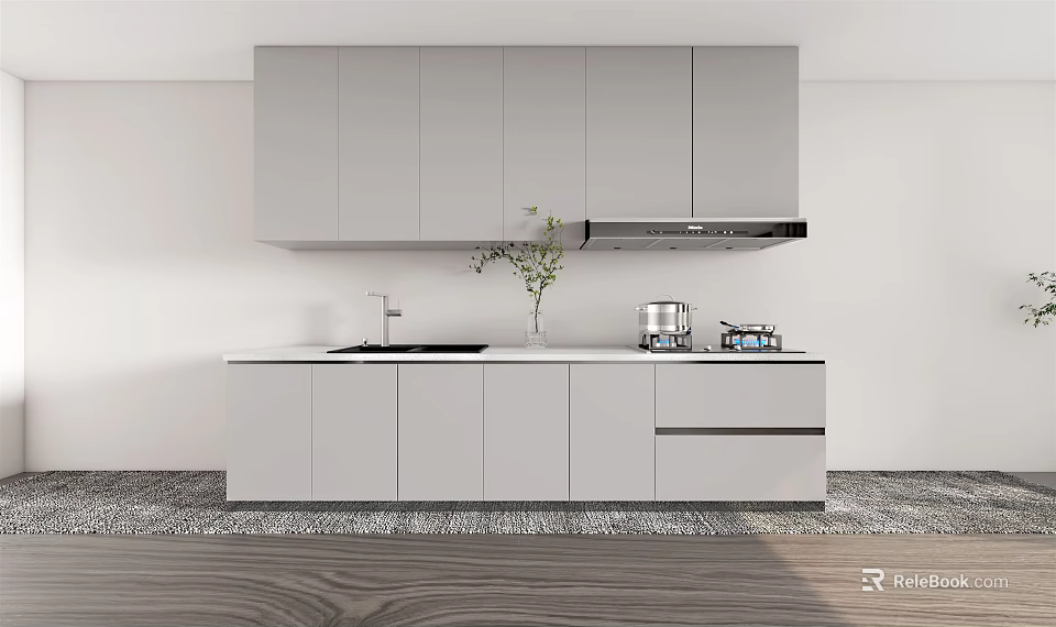 Modern Kitchen With Light Gray Cabinets White Countertop Plant And Small Appliances 3d model 