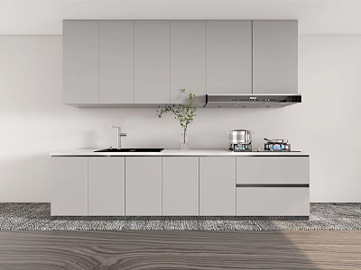 Modern Kitchen With Light Gray Cabinets White Countertop Plant And Small Appliances 3d model