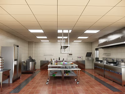 Commercial Kitchen Interior With Stainless Steel Appliances Central Food Cart Tile Flooring And Bright Lights 3d model