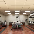Commercial Kitchen Interior With Stainless Steel Appliances Central Food Cart Tile Flooring And Bright Lights