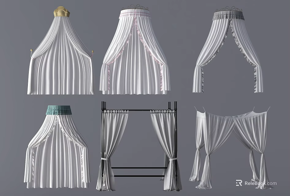 Elegant Bed Canopies In Various Styles With White Curtains And Decorative Tops 3d model 
