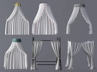 Elegant Bed Canopies In Various Styles With White Curtains And Decorative Tops 3d model