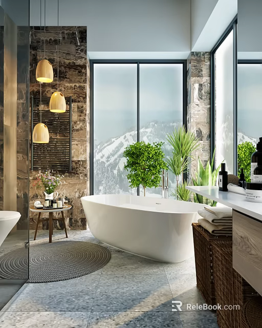 Hotel Bathroom With Floor to Ceiling Windows Mountain View Freestanding Bathtub Green Plants Pendant Lights 3d model 