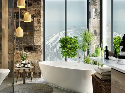 Hotel Bathroom With Floor to Ceiling Windows Mountain View Freestanding Bathtub Green Plants Pendant Lights 3d model