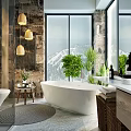 Hotel Bathroom With Floor to Ceiling Windows Mountain View Freestanding Bathtub Green Plants Pendant Lights