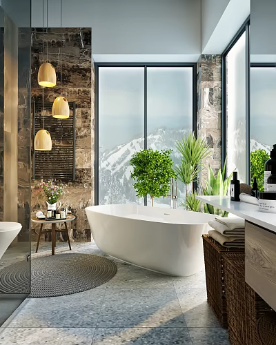Hotel Bathroom With Floor to Ceiling Windows Mountain View Freestanding Bathtub Green Plants Pendant Lights 3d model