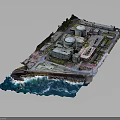 Coastal Industrial Building Complex with Dome Structures Near Ocean Water and Green Vegetation Areas