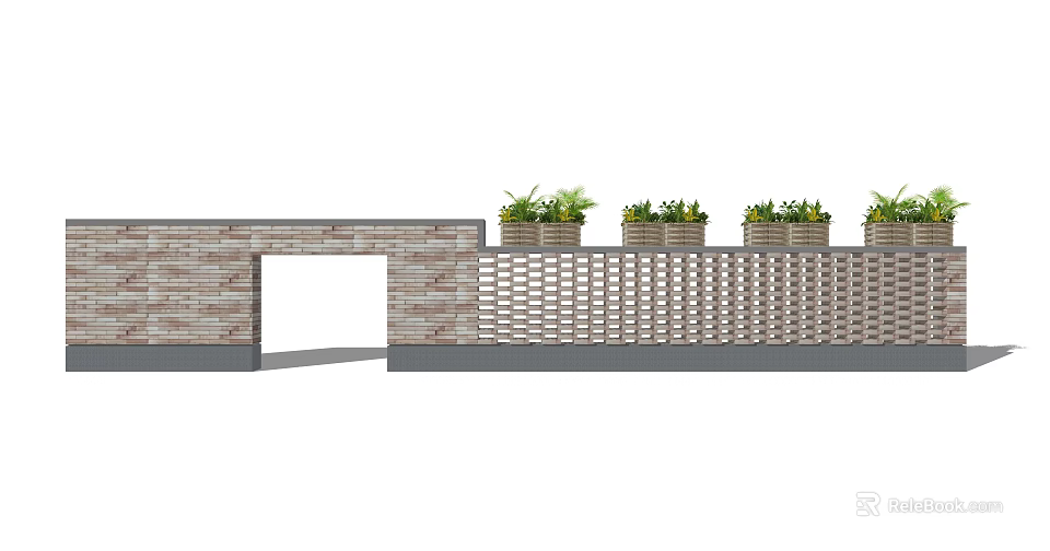 Modern Landscape Wall Design With Brick Structure Perforated Screen And Potted Plants 3d model