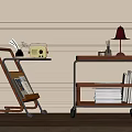 Two Wooden Trolleys With Wheels Shelves Lamp Books And Radio On Cart