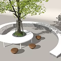 Brown Outdoor Chairs On White Curved Platform Around Green Tree With Gray Ground