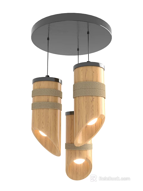 Three Modern Wooden Pendant Lights With Rope Wrapped Design And Warm Illumination Glow 3d model 