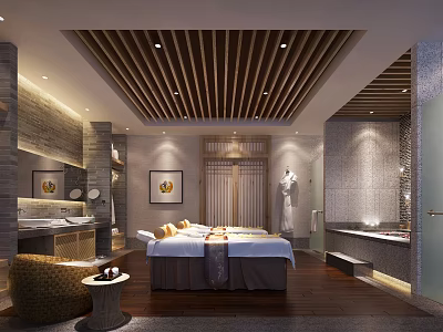 Luxurious SPA Sauna Interior Design With Wooden Ceiling Stone Walls And Massage Bed 3d model