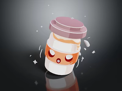 Cute Anthropomorphic Cartoon Bottle With Pink Lid White Orange Body And Sparkles On Dark Background 3d model
