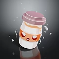 Cute Anthropomorphic Cartoon Bottle With Pink Lid White Orange Body And Sparkles On Dark Background