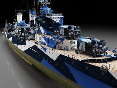 Blue And White Camouflage Warship With Artillery And Deck Equipment 3d model