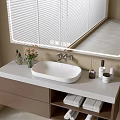Modern Bathroom Vanity With Mirror White Sink Wooden Cabinet Towels Toiletries And Blinds